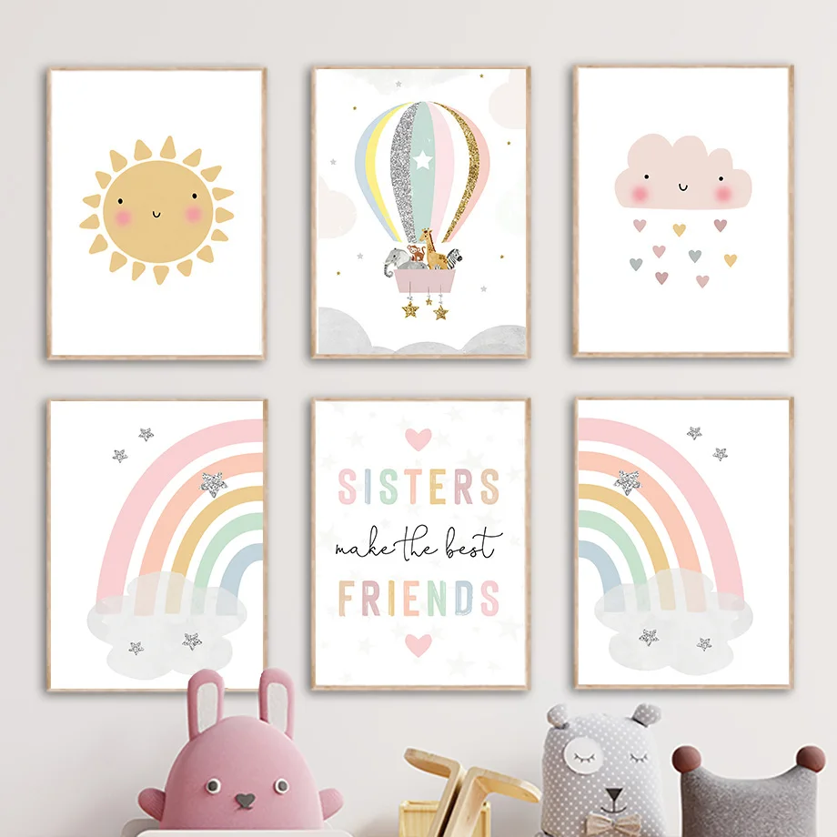 Baby Nursery Images - Giraffe Elephant Hot Balloon Sun Rainbow