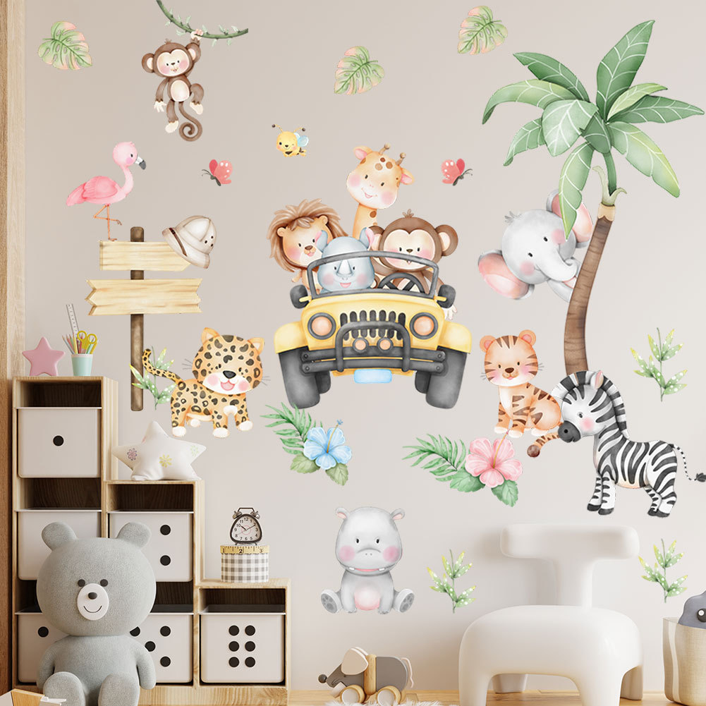 Baby Nursery Zoo Animals - kids room cartoon elephant giraffe tree