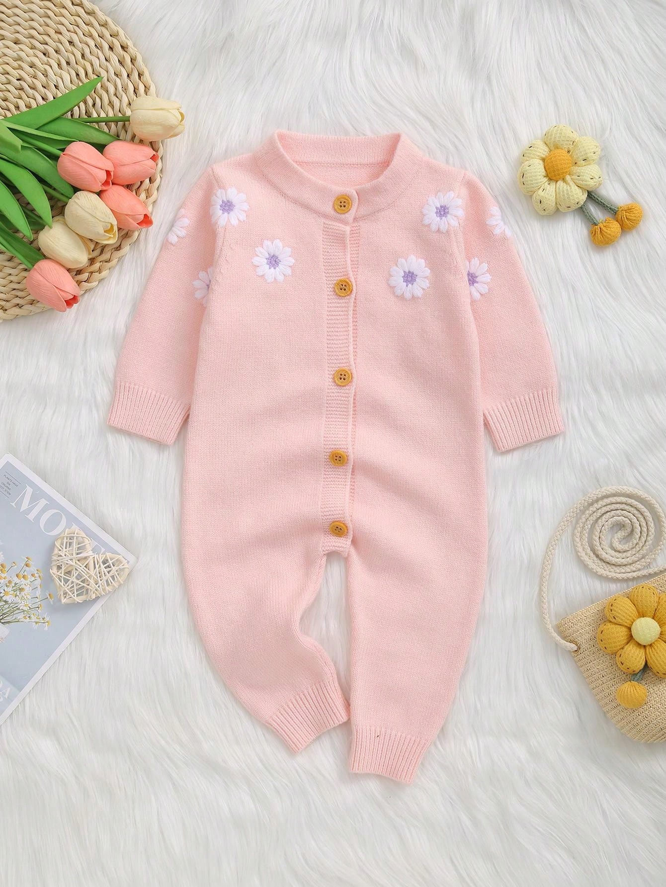 Baby Nursery Accessories - Sweet Floral Embroidery Baby Knit Romper