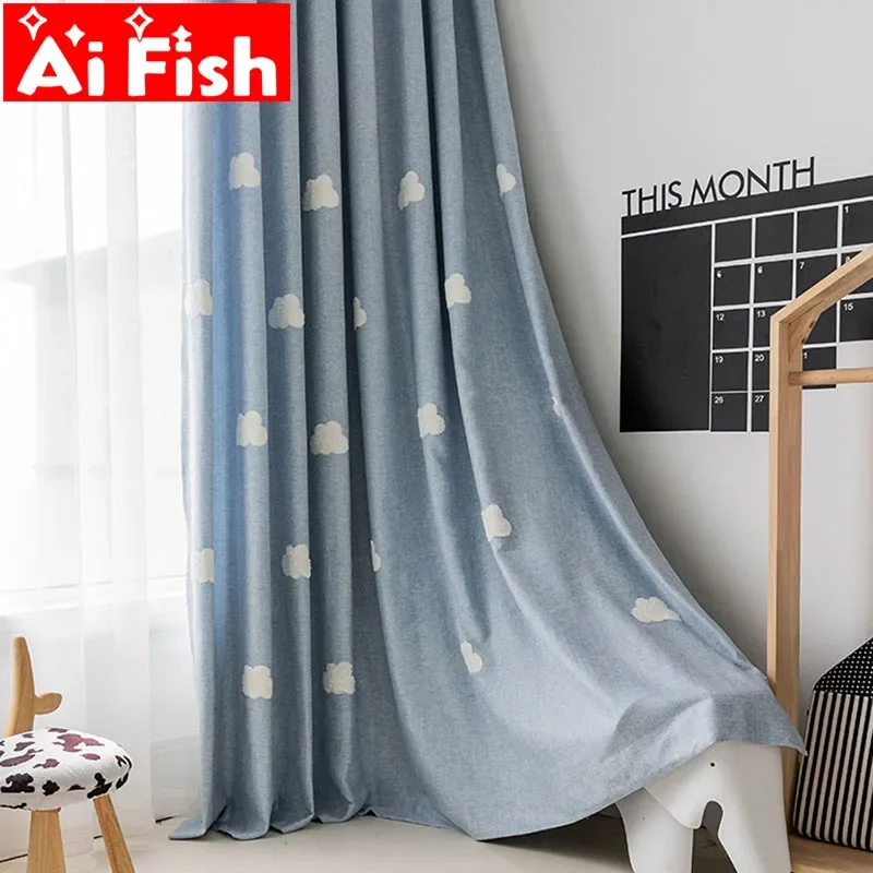 Blackout Curtain Nursery - Embroidered Cloud Blue Curtain Fabric Window