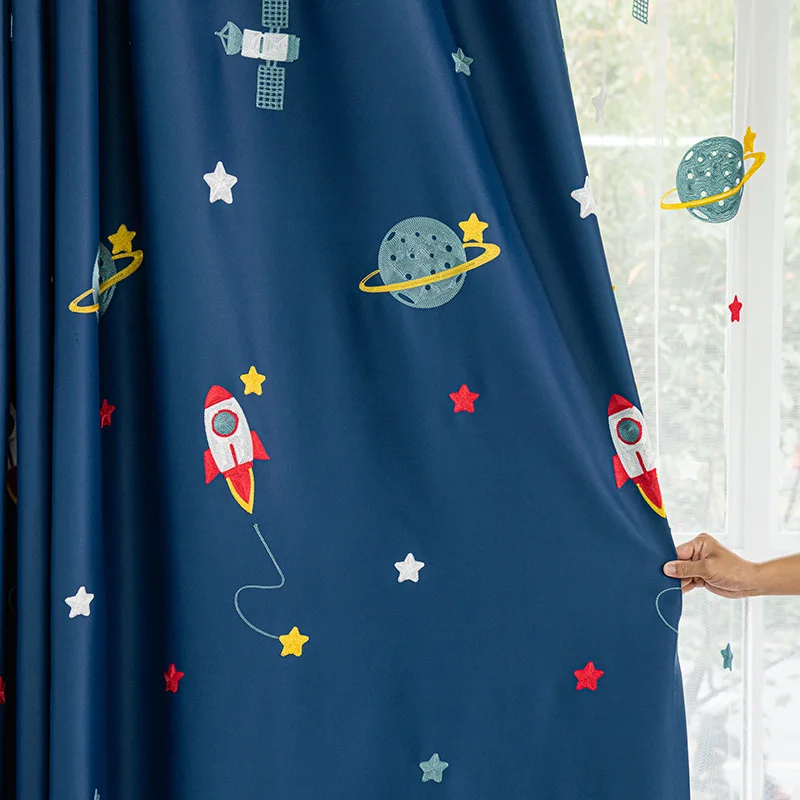 Blackout Curtain Nursery - Navy Blue Cartoon Rocket Spaceship Blackout