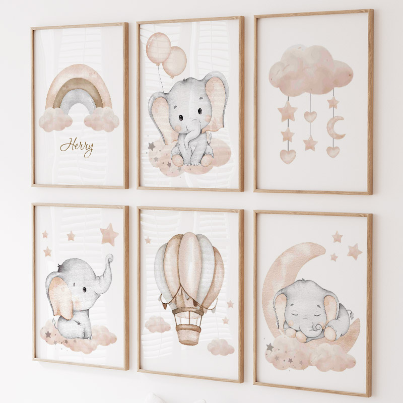 Baby Nursery Wall - Cute Elephant Hot Balloon Moon Rainbow