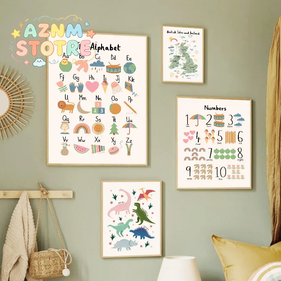 Baby Nursery Wall - Animal World Map Dinosaur Alphabet Number