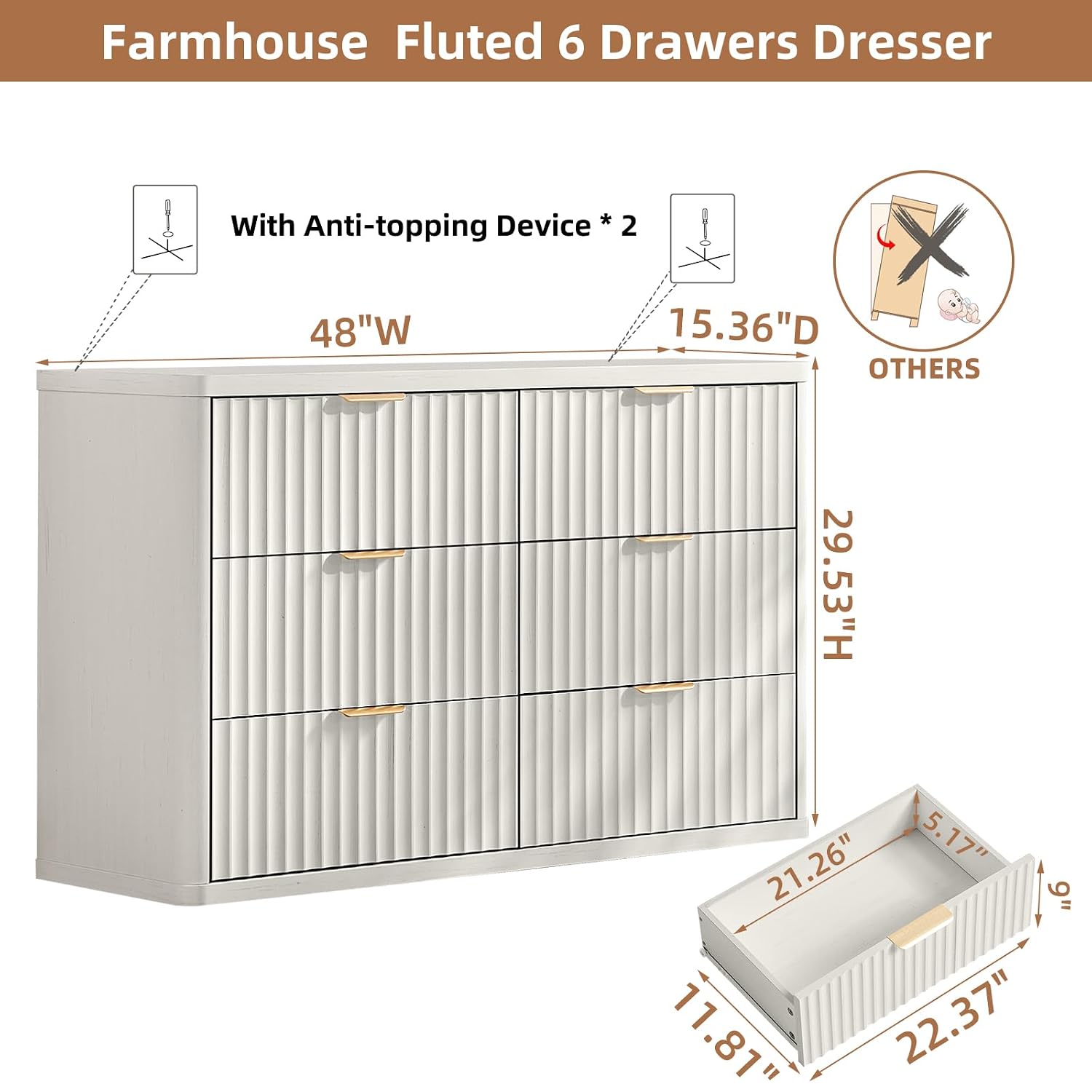 Fluted 6 Drawers Dresser 48