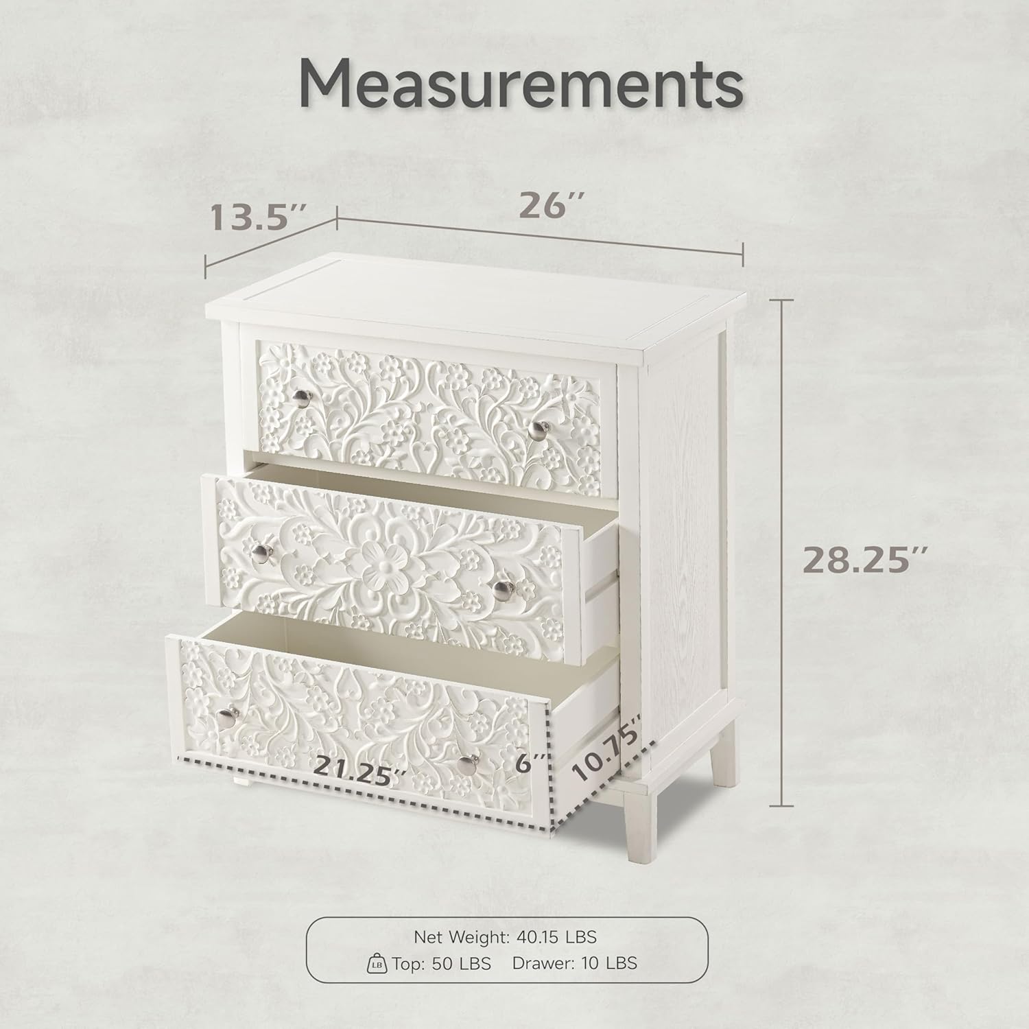 White-Washed Wood 3-Drawer Ful - огляд і ціна Drawer Dresser White