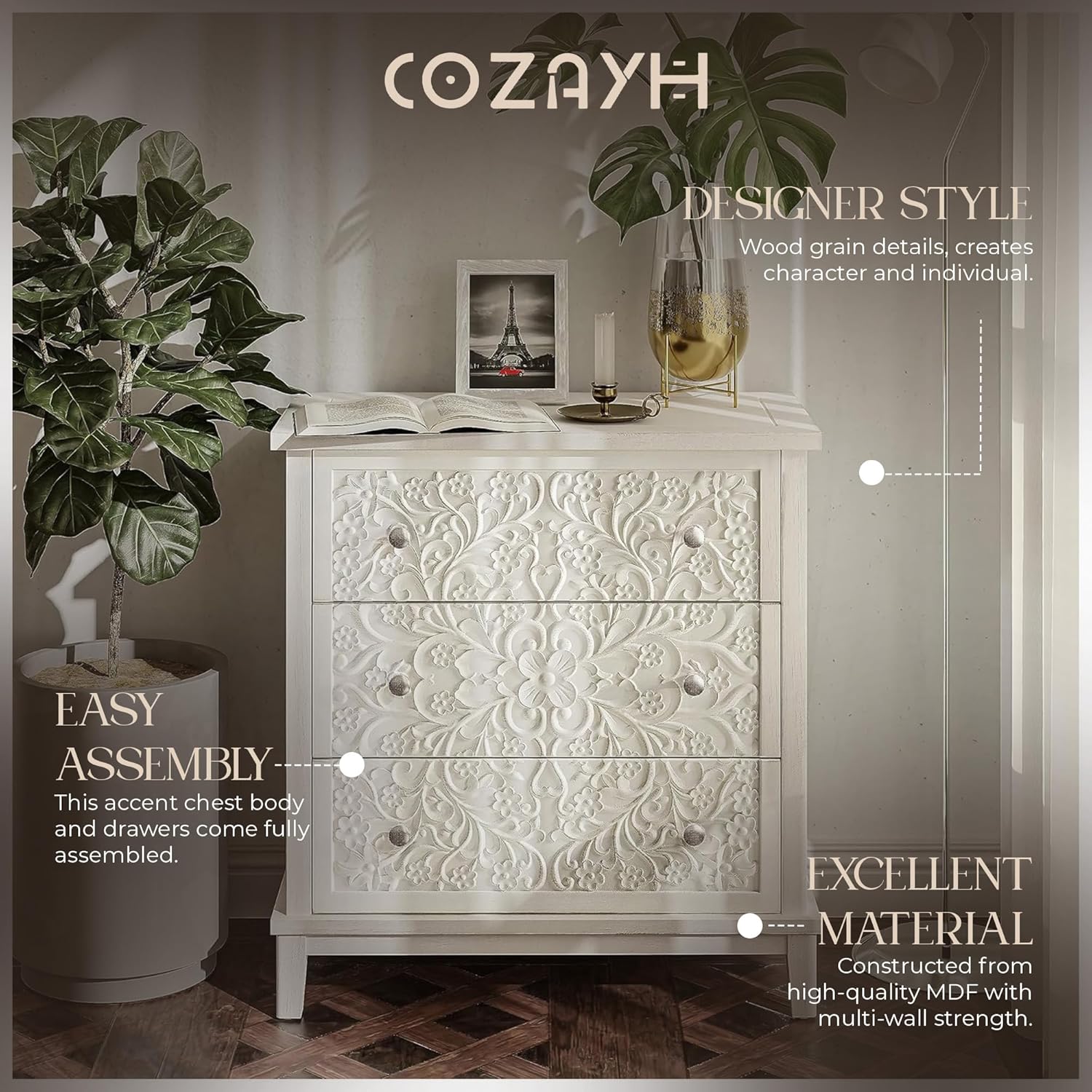 White-Washed Wood 3-Drawer Ful - огляд і ціна Drawer Dresser White