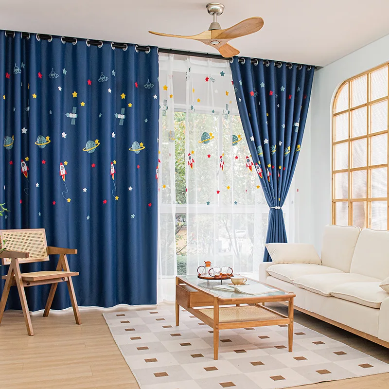 Navy Blue Cartoon Rocket Space - огляд і ціна Blackout Curtain Nursery