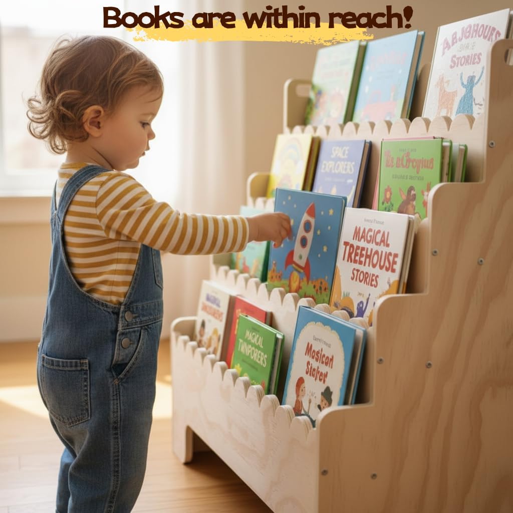 Kids Bookshelf 4-Tier, Natural - огляд і ціна Baby Nursery Shelves